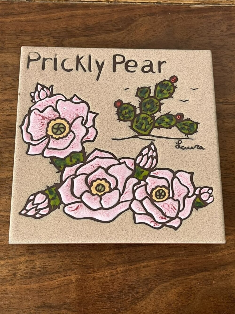Vintage Sandstone Creations Prickly Pear Ceramic Art Tile Trivet Southwest USA